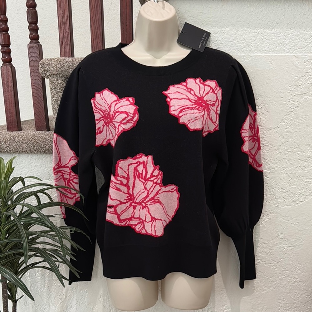 MARC NEW YORK Women’s Puff Sleeve Floral Black Sweater Size M NWT